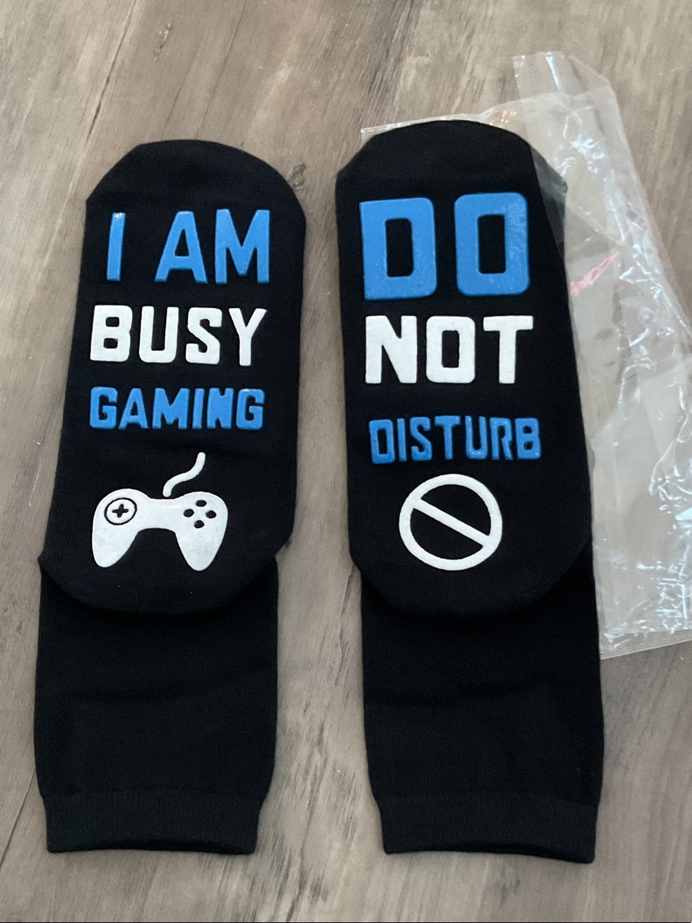 Source Unknown Black Socks with Blue and White Gaming Text